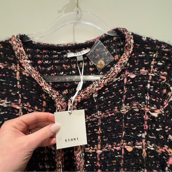 NWT- Sioni Black, Pink, Orange & White Tweed Cardigan Size Medium Women’s - Picture 3 of 11
